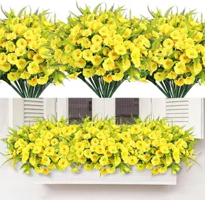 Artificial Flowers Outdoors 12 Bundles Yellow Artificial Petunias Fake Flowers UV Resistant Shrubs Plants with Fern for Indoor Outside Hanging