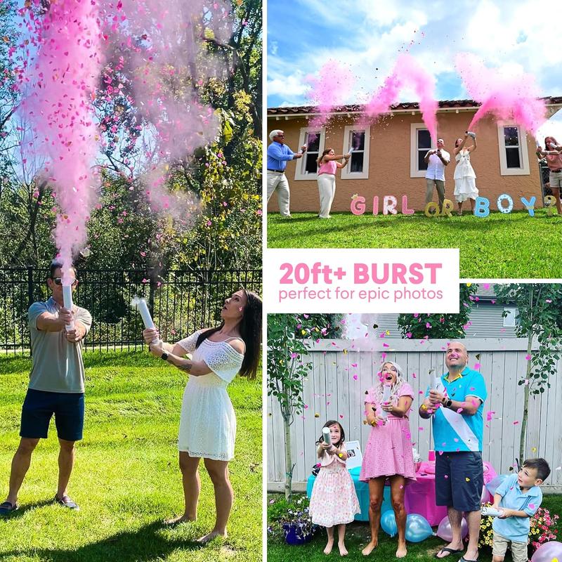 Gender Reveal Confetti Cannon - Biodegradable Powder & Heart Shaped Confetti Poppers - Pink, 4 Pack - Baby Girl Gender Reveal Smoke Bombs Party Poppers Cannons Shooters