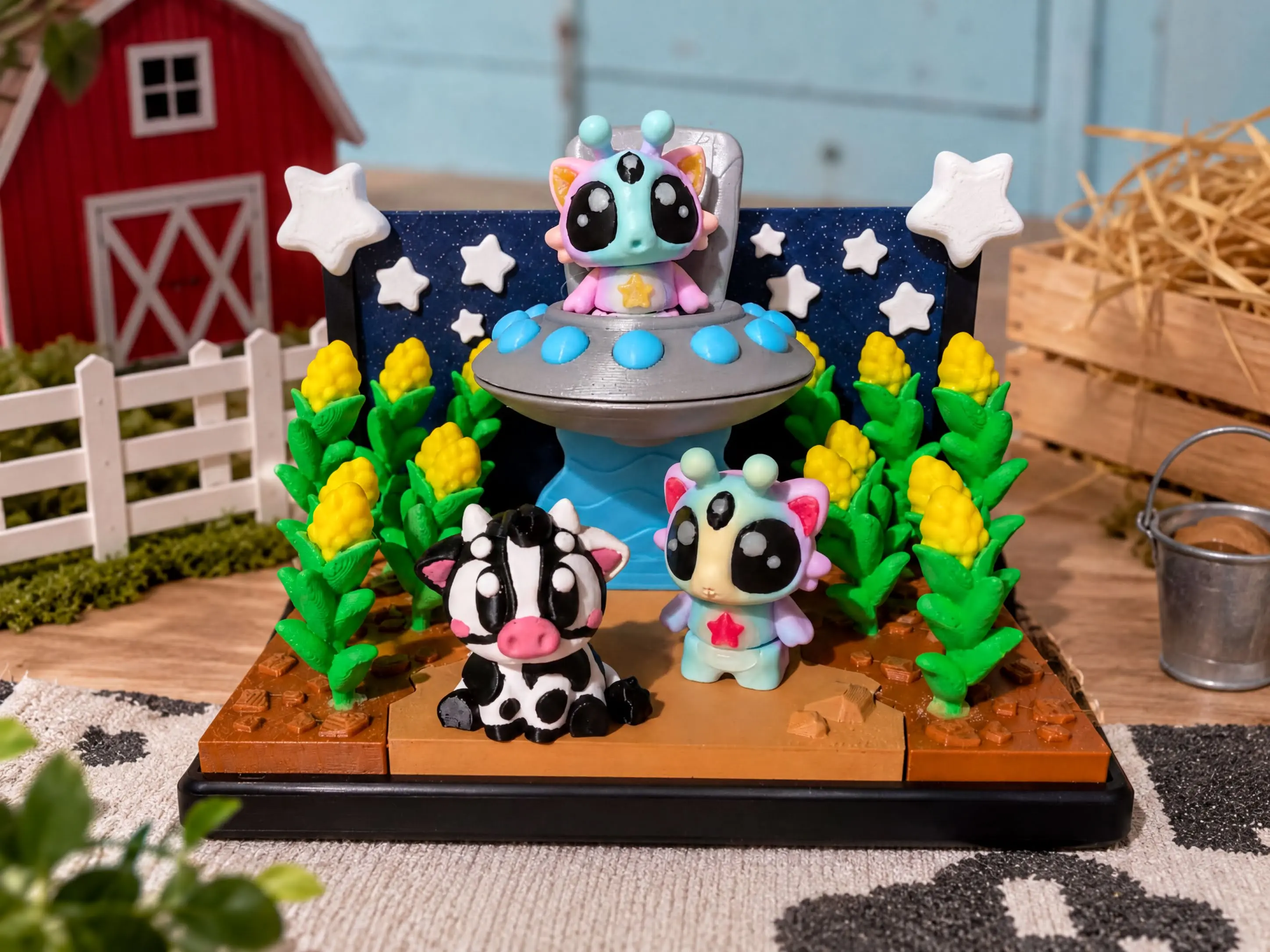 Glow In The Dark Diorama – Kawaii Alien Farm Decor UFO Display