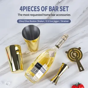 Cocktail Shaker Set 4-Piece Boston Shaker Kit with 20oz/25oz Shaker,Strainerand 0.5/1oz Double JiggerBar Set for Home Drink Mixer Bartendiing (Gold, 20oz/25oz)