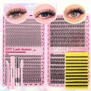 DIY Natural Thick Fluffy Curl Cluster False Eyelashes Set with Reusable Hypoallergenic Glue + Professional Tweezers + Soft Single Head Brush, Lightweight No-Makeup 3D Simulation European Style, DIY Eyelashes Kit, Eyelash Falsies, Natural Lash Clusters