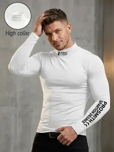Men's Slim-Fit Half High Neck Sweat-Wicking Compression Shirt, Outdoor Tactical Base Layer, Pro Stealth Logo, Casual Sportswear