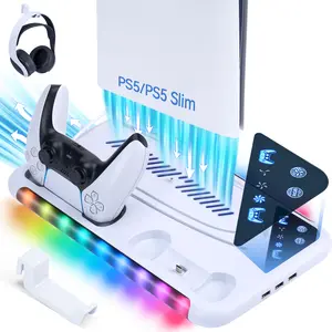 PS5 Desktop Cooling Base (with Charging Station) - PS5 Slim Desktop Cooling Base - Dual Controller Quick Charger Base Dock with RGB Light and Compatible with Playstation 5 & PS5 Slim (Disc & Digital)
