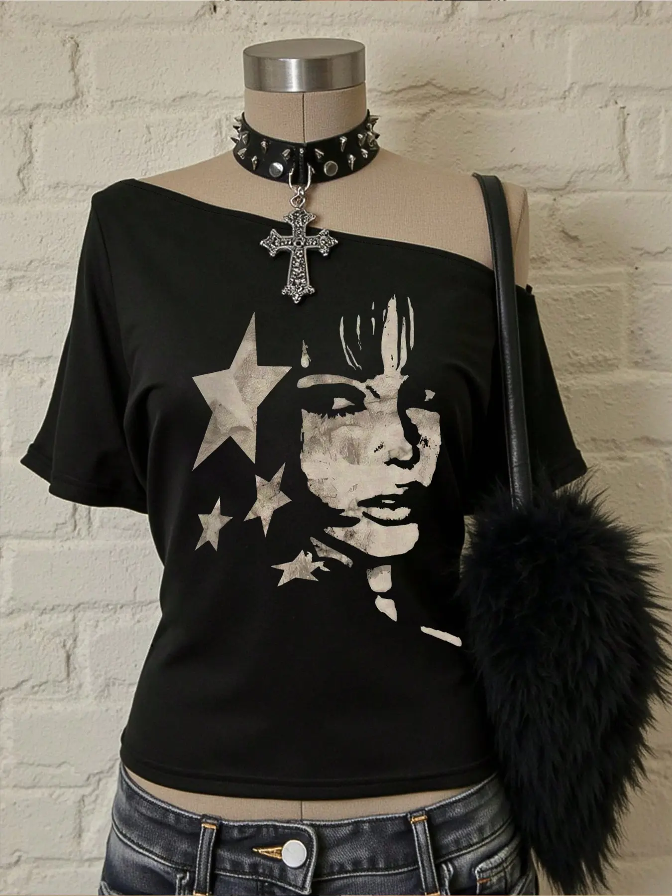Loose Fit Short Sleeve off Shoulder T-Shirt, Star Girl Print, Casual Loose Style, Perfect for Outdoor Wear, Gothic Cyberpunk Streetwear, Women, Womenswear, Summer, Top