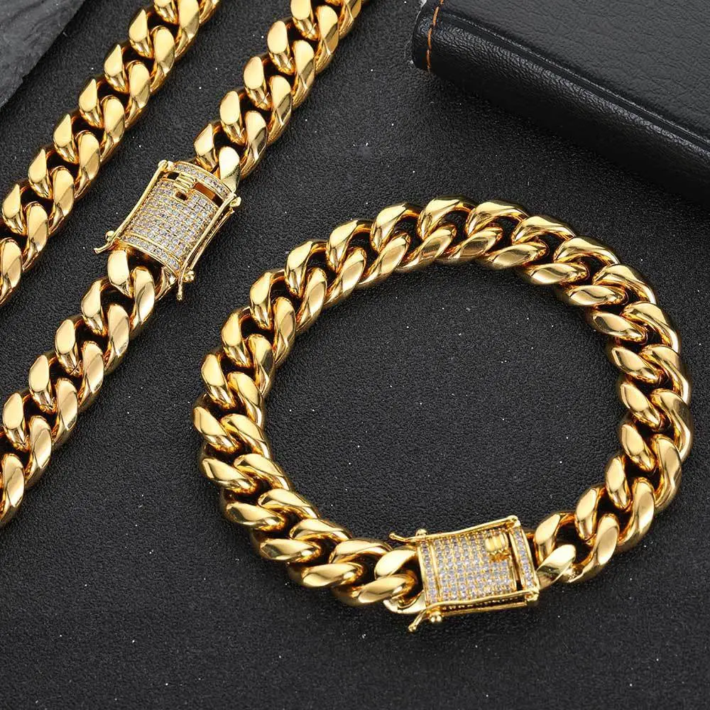 Hip-hop Rap titanium steel Golden Cuban Bracelet  Bracelet Buckle Double Closed Cuban Chain Jewelry6-14mm wide  Golden Cuban bracelet with zircon buckle 7.5in, 8.5in Adjustable Bangle Jewelry