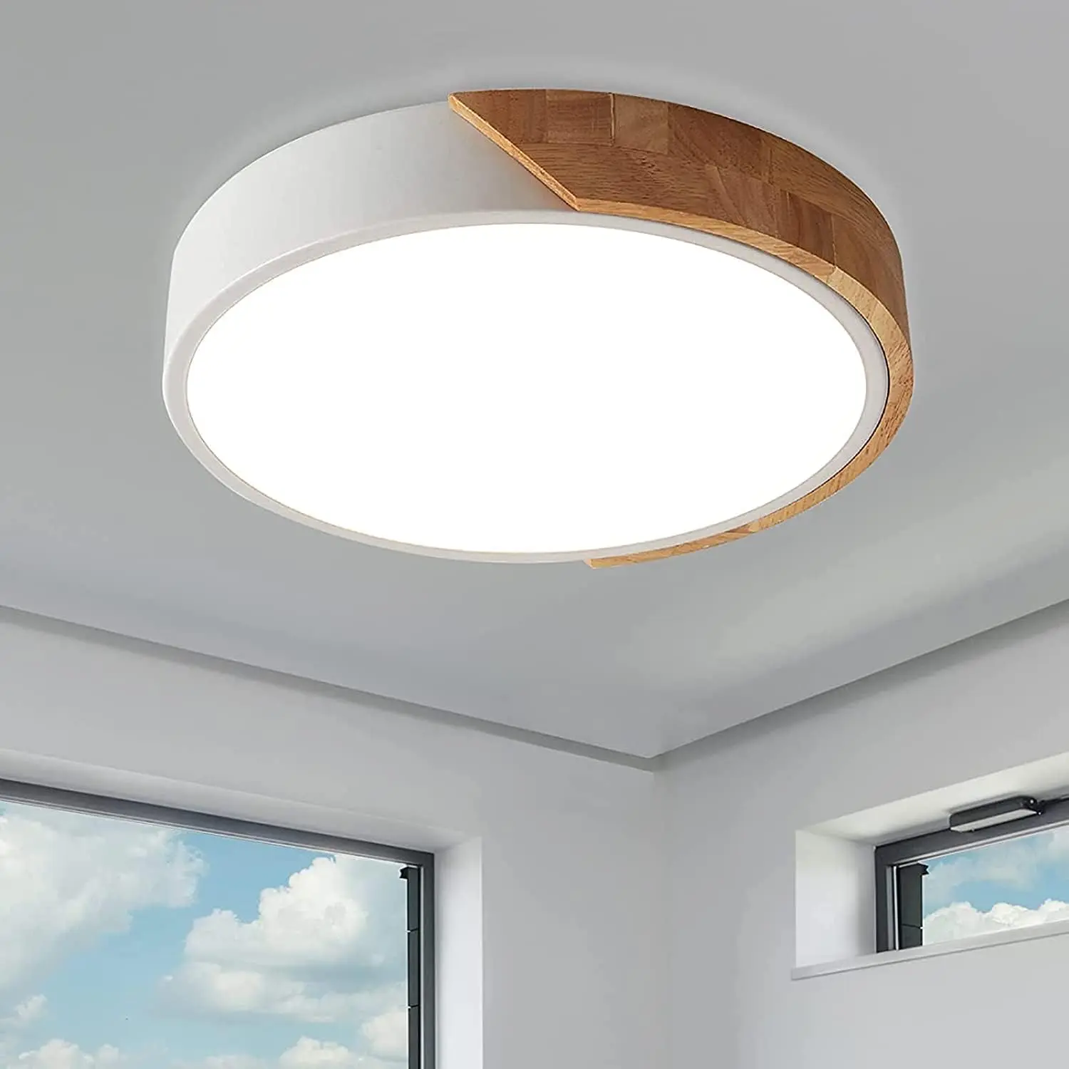 12-Inch Diameter Oak & Matte White Flush Mount Ceiling Light, Built-In LED Fixture, 24W (150W Equiv.), 4500K Non-Dimmable, Bright Illumination, Dustproof, Low Ceiling Fit, Indoor Use for Bedroom, Hallway
