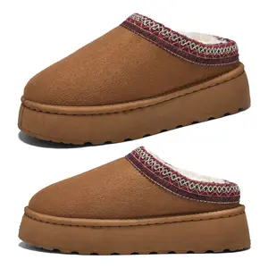 Women's Slippers Platform Mini Boots Fleece Lined Short Ankle Boot For Women Suede Leather Slip-On Slippers Indoor Outdoor