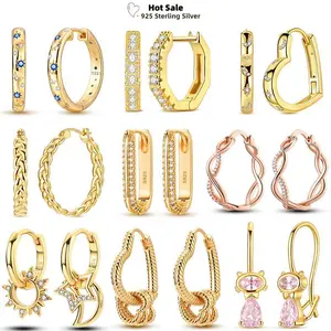 Round Rose Gold Yellow Series 925 Silver Drop Hoop Earrings Brilliant Star Moon Heart Original Earring For Woman Wedding Jewelry