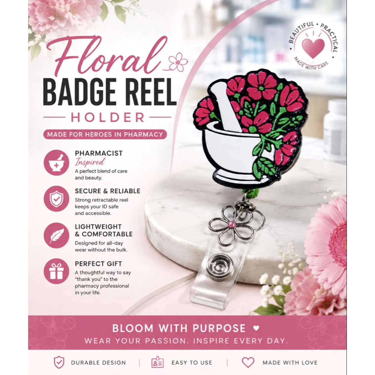 Floral Pharmacy Badge Reel Holder - Secure & Reliable, Lightweight & Comfortable, Perfect Gift for Pharmacists, Durable Design, Easy to Use