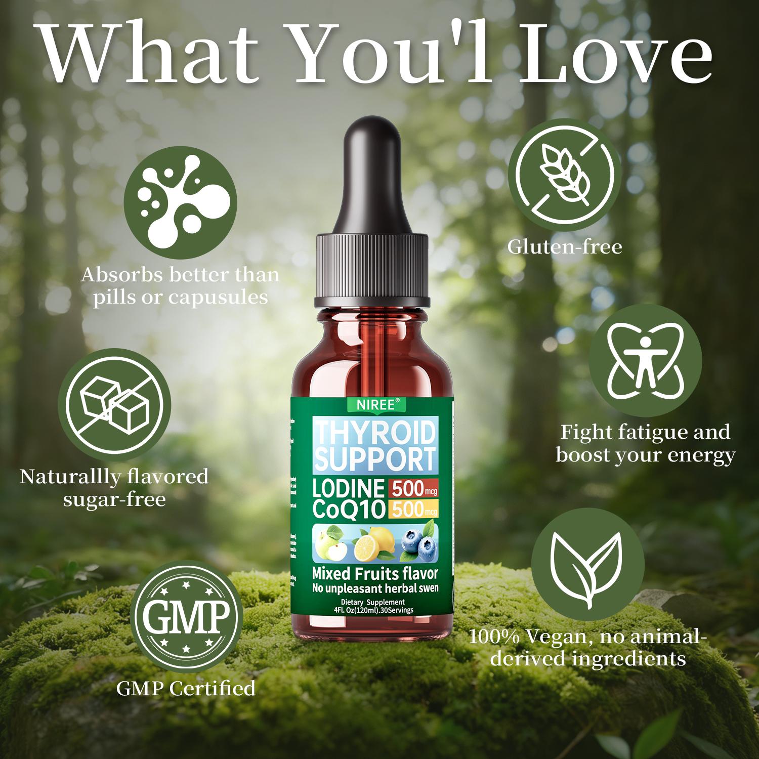 NIREE Thyroid Support Liquid Drops with Iodine 500mcg and CoQ10 500mg, Mixed Fruits Flavor, 4 Fl Oz, 30 Servings