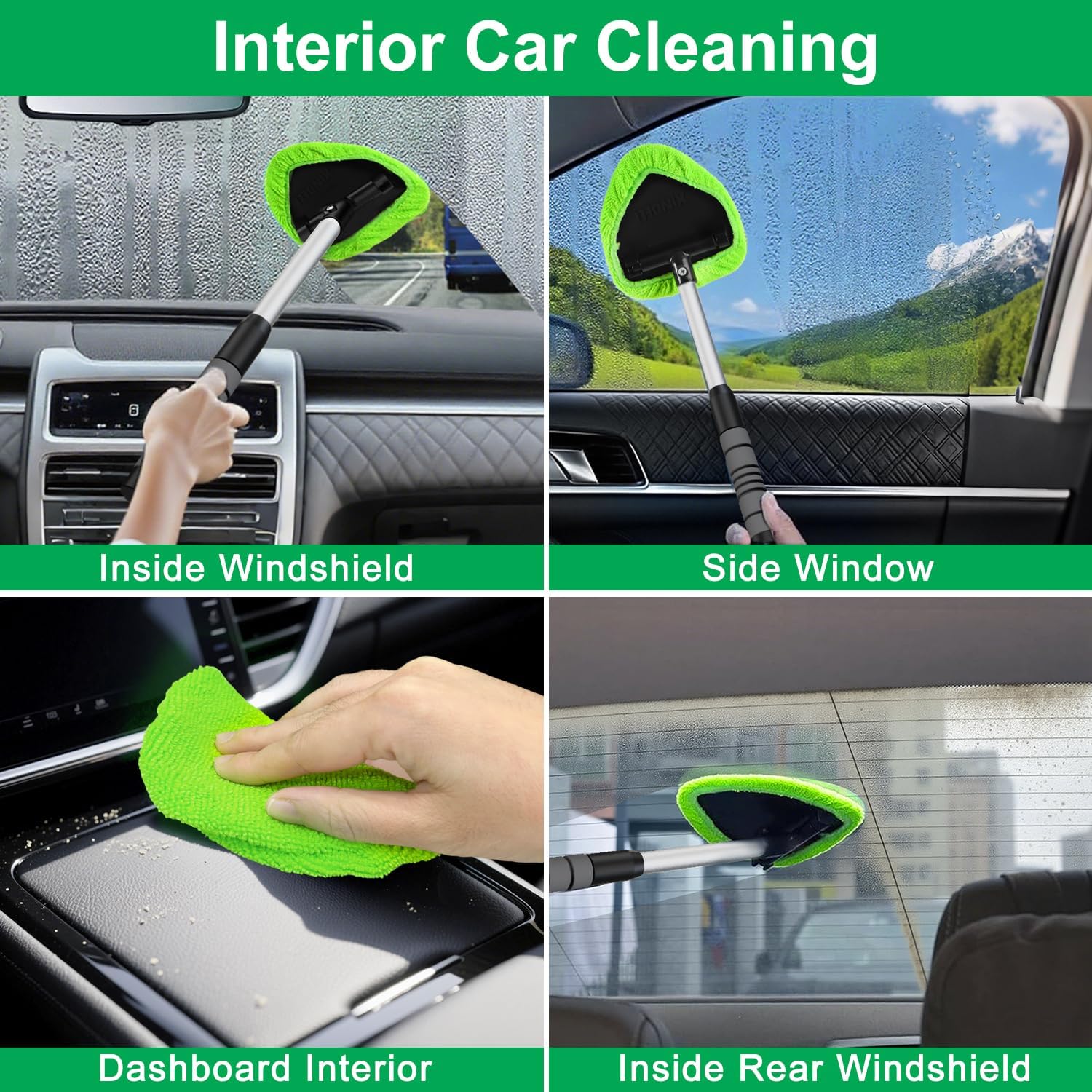 Portable Windshield Cleaner Tool – Car Interior Window Cleaning Kit with Extendable Handle & 3 Microfiber Pads, Auto Wiper Inside Windshield Brush Defogging Brush for Car & Home Windows - Auto Cleaning Accessories!