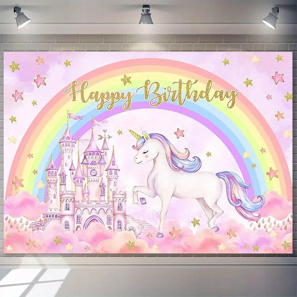 Polyester Photo Backdrops, 1pc 230x180cm/90.55x70.87inch Unicorn Print Standing Banner, Pastel Castle Fairy Tale Decor for Birthday Party Cake Table, Studio Props (Home & Festive Party Supplies),summerwins