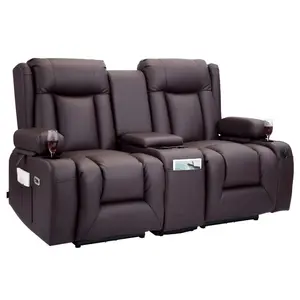 VEVOR Loveseat Recliner Sofa, Power Reclining Couch with Heating Massage and Timer, PU Leather Electric Recliner Sofa with Center Console, USB Ports, Cup Holders and Side Bags for Living Room