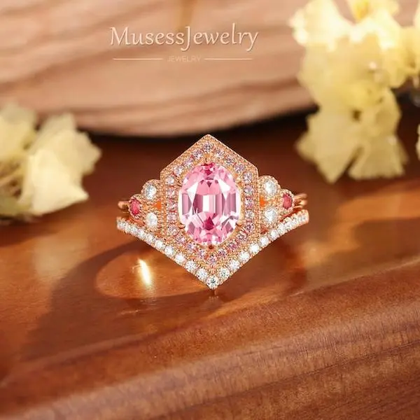 Oval Pink Sapphire Bridal Ring Set, Halo Cluster Design