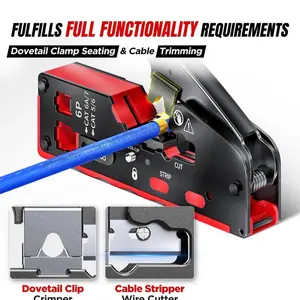 Pass Through RJ45 Crimp Tool with Dovetail Clamp Seating & Cable Trimming Functionality for CAT6A/7 Cables