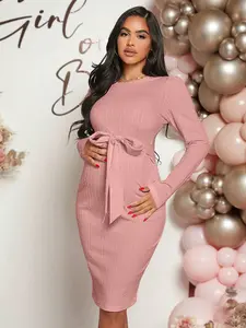Loomaby Maternity Solid Belted Bodycon Dress With Long Sleeve, For Baby Shower