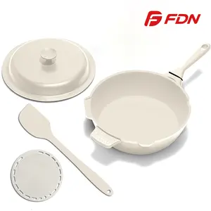 FDN 8" Small Nonstick Frying Pan Set with Lid, 4pc Ceramic Skillet for Eggs & Omelets, Induction Compatible Mini Frying Pan, Includes Silicone Spatula & Heat Resistant Mat Cookware