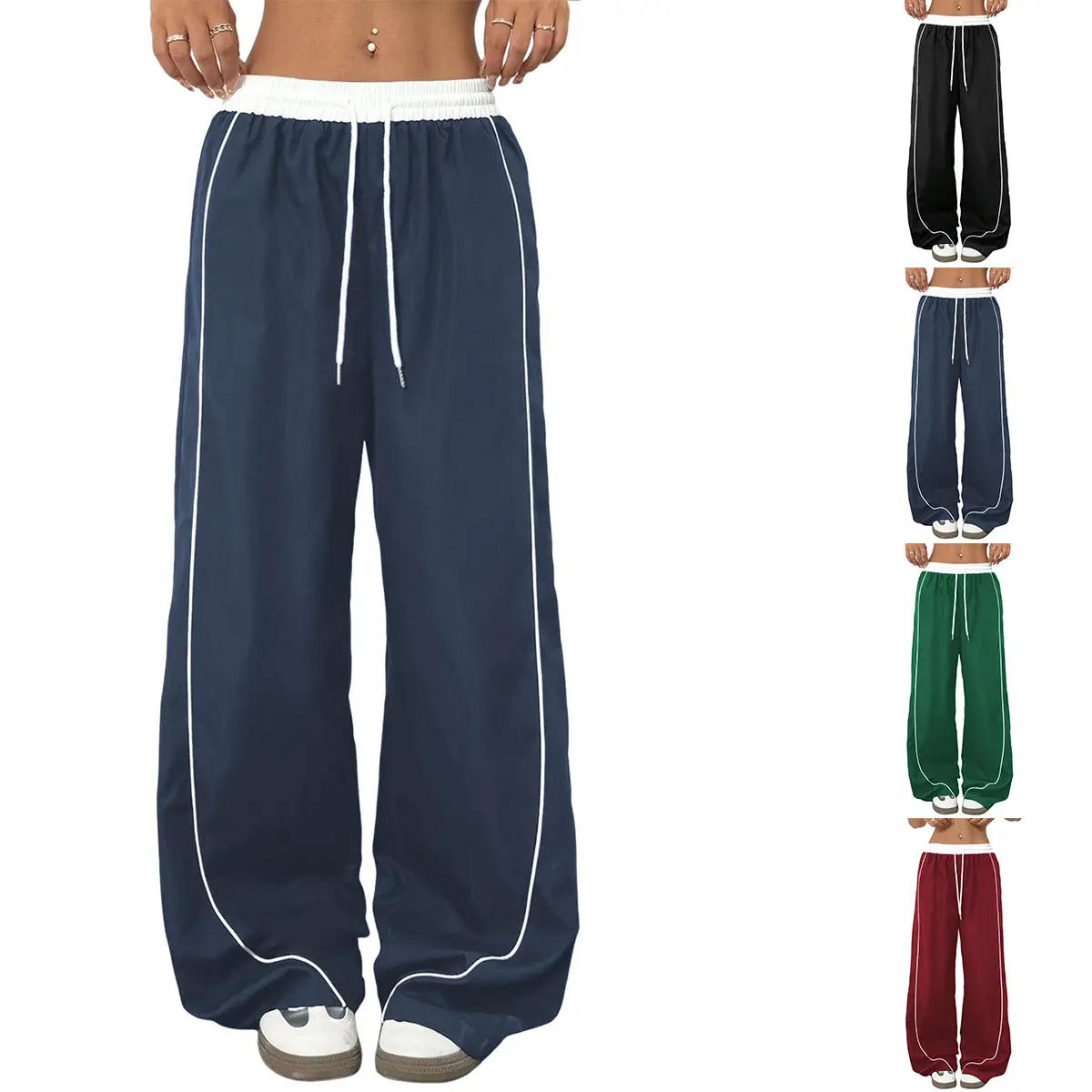 JovenPara Womens Parachute Pants Wide Leg Cargo Sweatpants Drawstring Waist Jogger Pants with Pockets Y2K