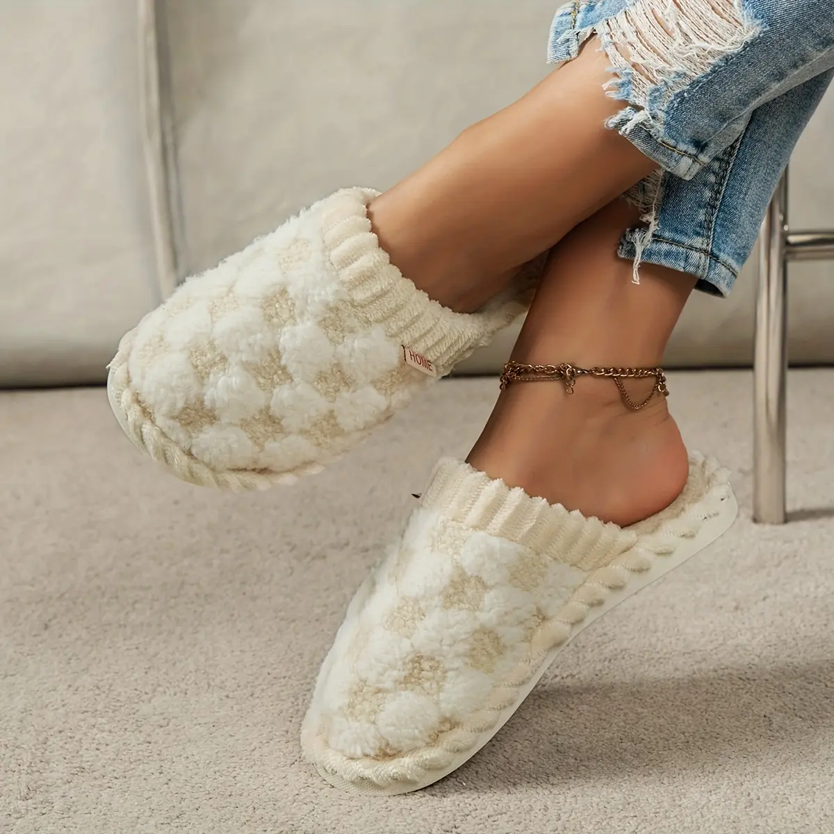 Women's Plush Checkered Bootie House Slippers - Ultra Soft, Warm, Antislip Sole, Grip on Tile Floors, Safe Home Comfort, Stylish Winter Slide Footwear (Beige)