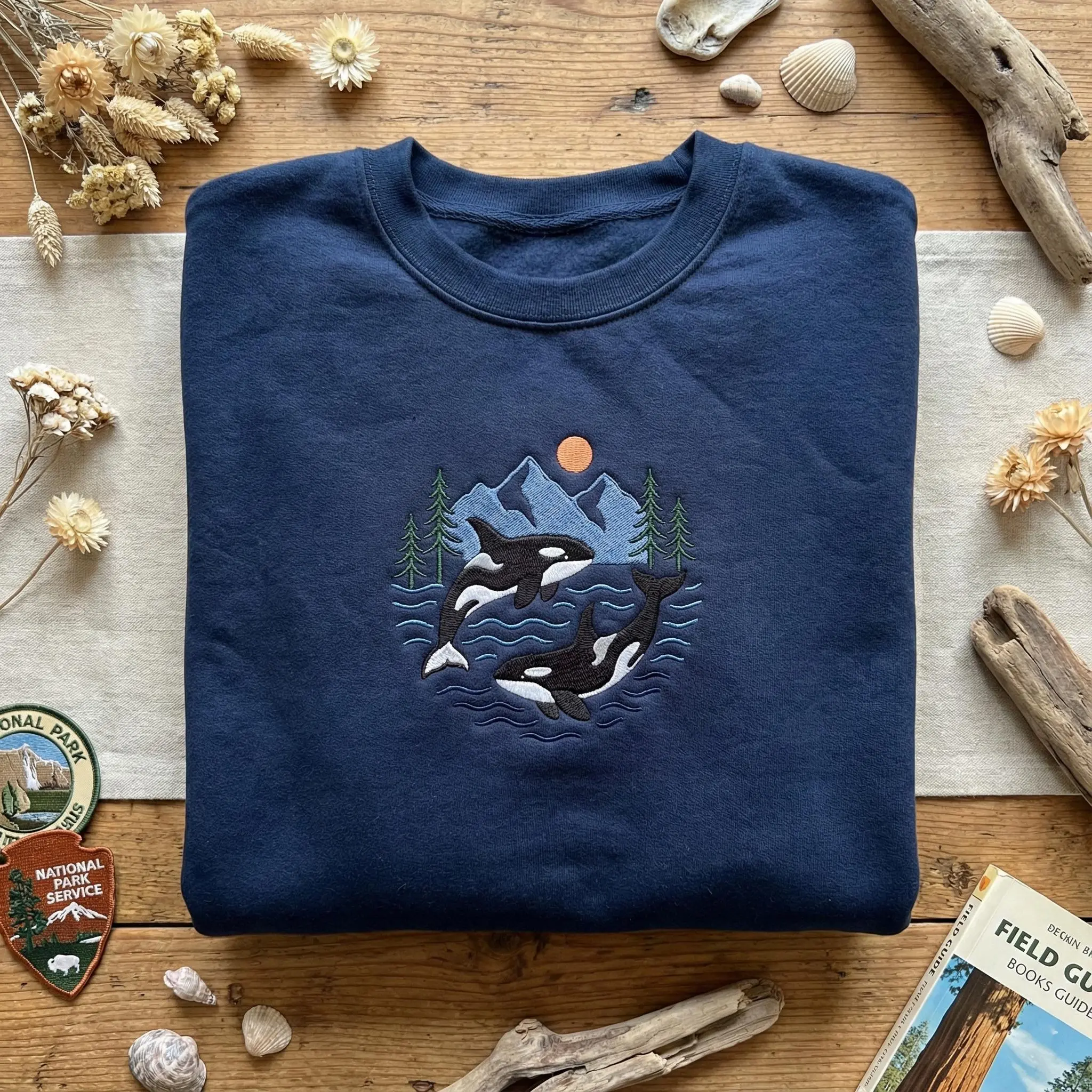 Two Orcas Embroidered Sweatshirt, Killer Whale Marine Lover Jumper, Pacific Northwest Mountain Wildlife Hoodie