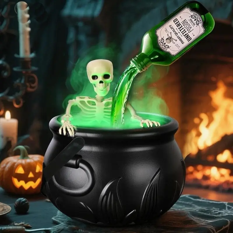 Halloween Interior Decoration - Halloween Decor Large Pot, equipped with magic floating potion bottle and diffuser - Black plastic witch bowl for Hocus Pocus party decoration, suitable for spooky retro family kitchen table