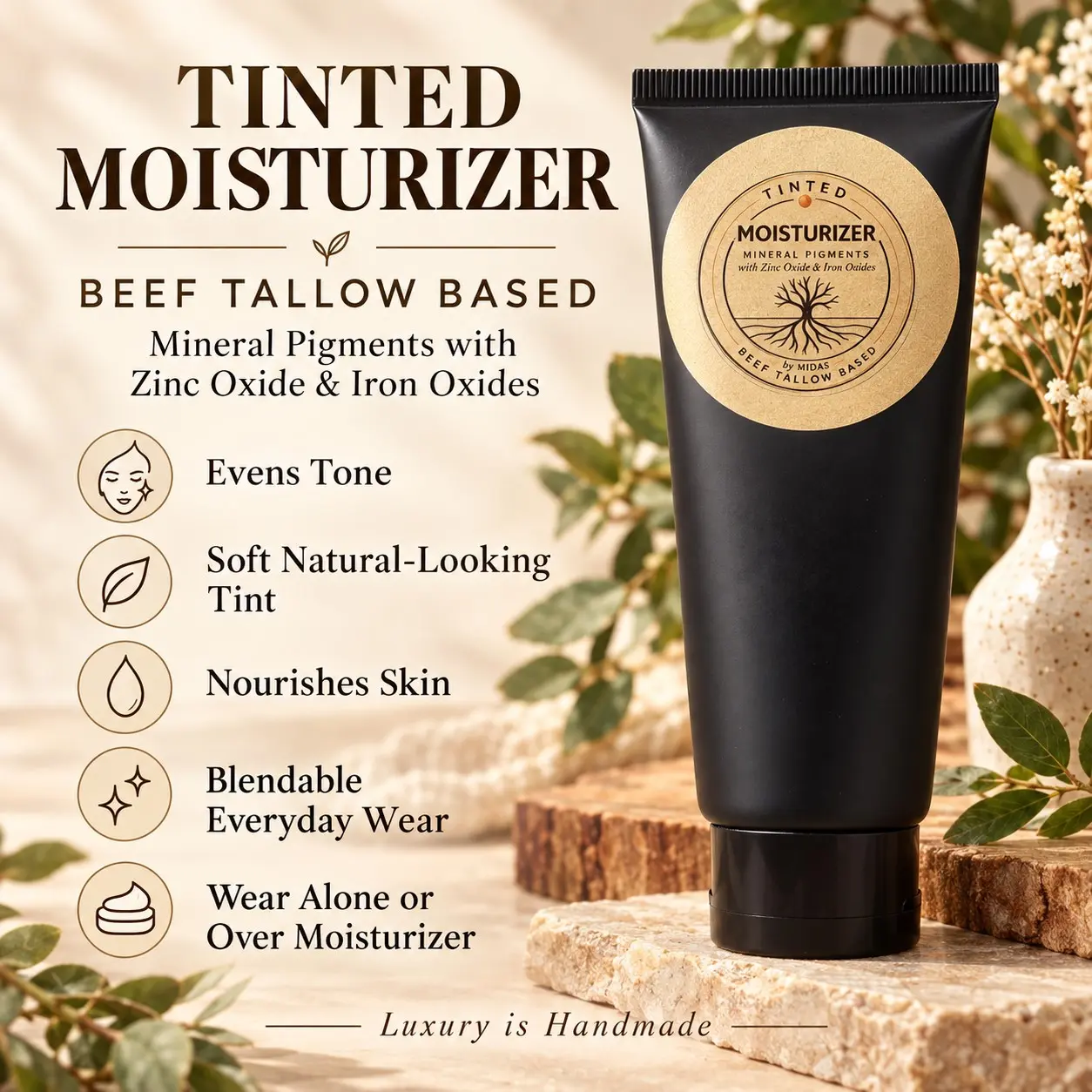 Tinted Moisturizer Beef Tallow Based with Mineral Pigments for Even Tone Soft Natural-Looking Tint Nourishes Skin Blendable Everyday Wear