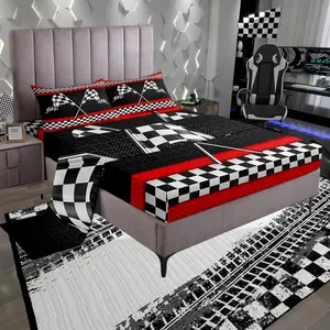 Race Car Themed Bed Sheet Set,Kids Black White Checkered Flag Print Sheet Set,Room Decor,Red Stripes Geometric Grid Plaid Bedding Set for Boys Teens,(1 Fitted+1  Flat Sheet)