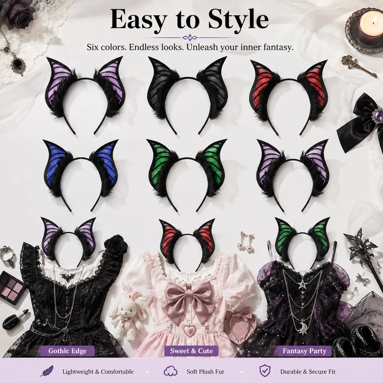 Gothic Bat Ear Headband, Furry Animal Ears Costume Hairband for Women Girls, Halloween Cosplay Headpiece, Lightweight Party Festival Dress-Up Accessory, 6 Colors