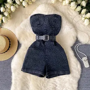 Women’s denim summer fashion drill high-waisted slim sleeveless strapless sashes outfit GARMENTARY