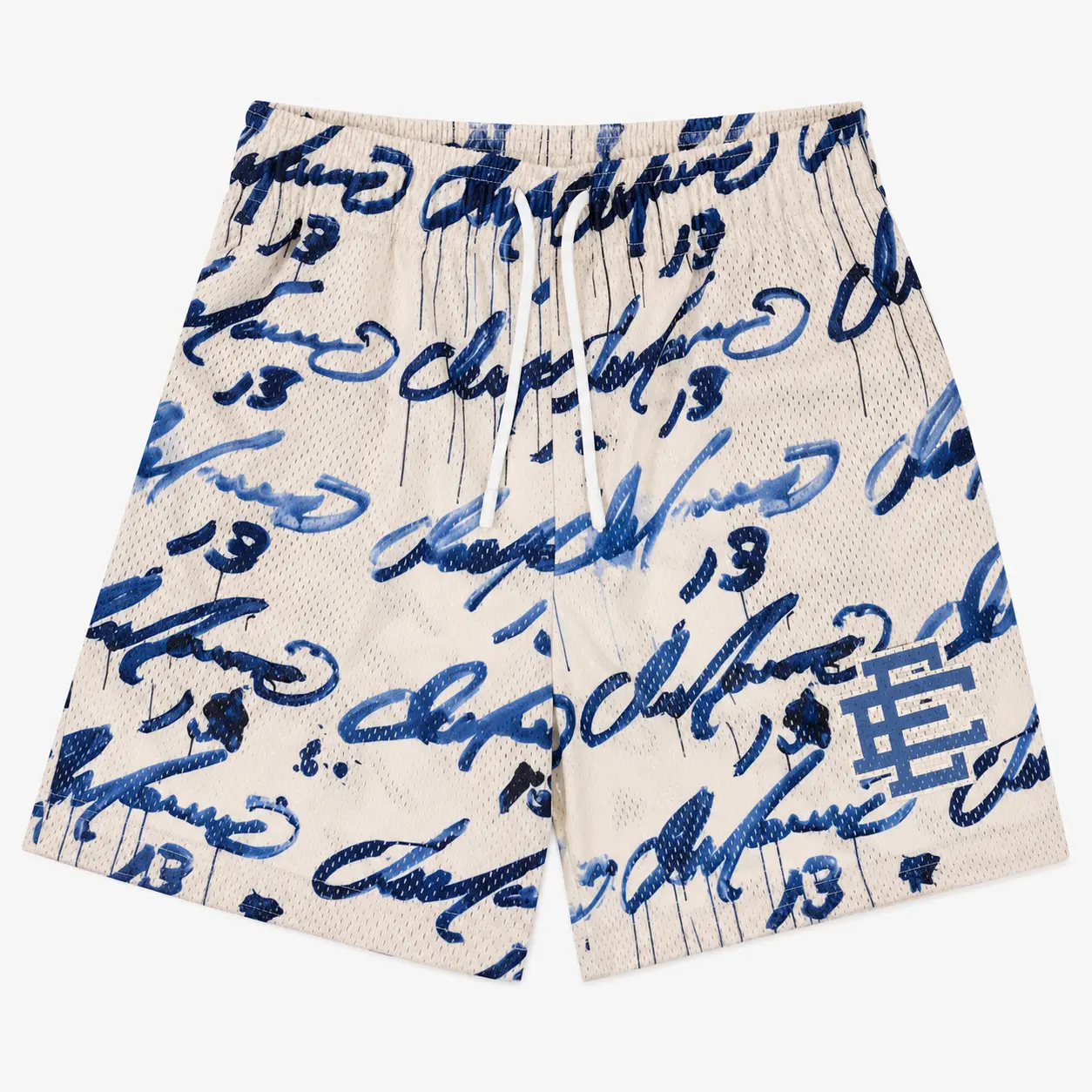 Eric Emanuel Men’s Script Print Mesh Basketball Shorts, All-Over Handwritten Graphic Athletic Shorts, Breathable Streetwear Gym Shorts with Elastic Waist