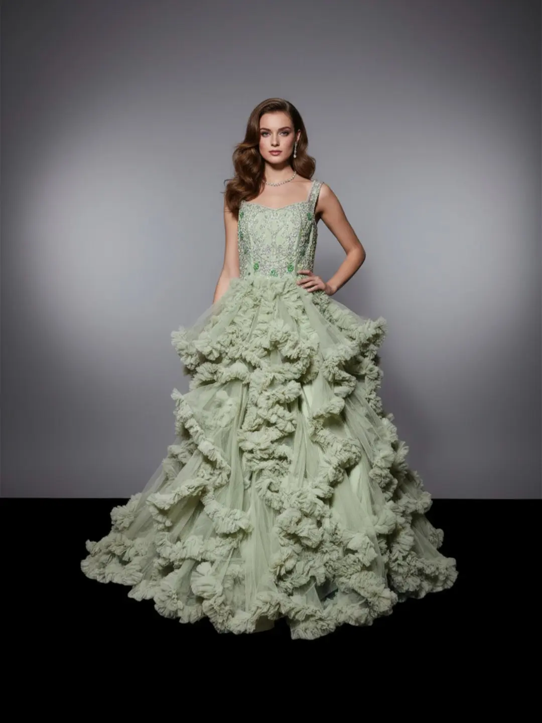 Elegant Ruffled Wedding/Reception Gown with Beadwork Bodice & Cascading Ruffles for Special Occasions