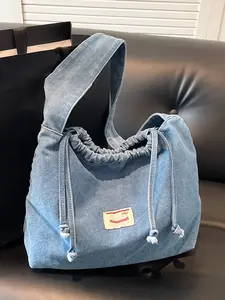 Small fresh denim retro drawstring cloud bag, simple one-shoulder underarm small bag, daily street all-match style, fashionable trendy all-match style suitable for students to go to class, go shopping, etc., Denim Shoulder Purse