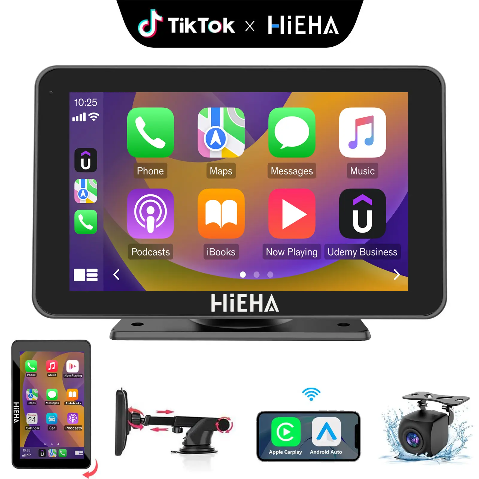 【HiEHA】2026 Upgraded 7 Inch HD Wireless CarPlay & Android Auto Stereo with Suction Cup & Dash Mount, Rear Camera, Seamless Mirror Link/Bluetooth/GPS Navigation/Voice Control, Landscape/Portrait Rotation, Plug and Play