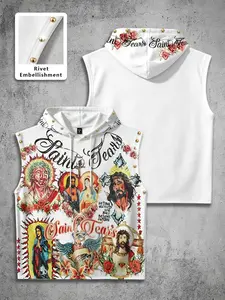 American High Street Rivet Sleeveless Hoodie Men, Religious Rose Print, Saint Tears Trendy Vest, Casual Loose-Fit Top, Fashion