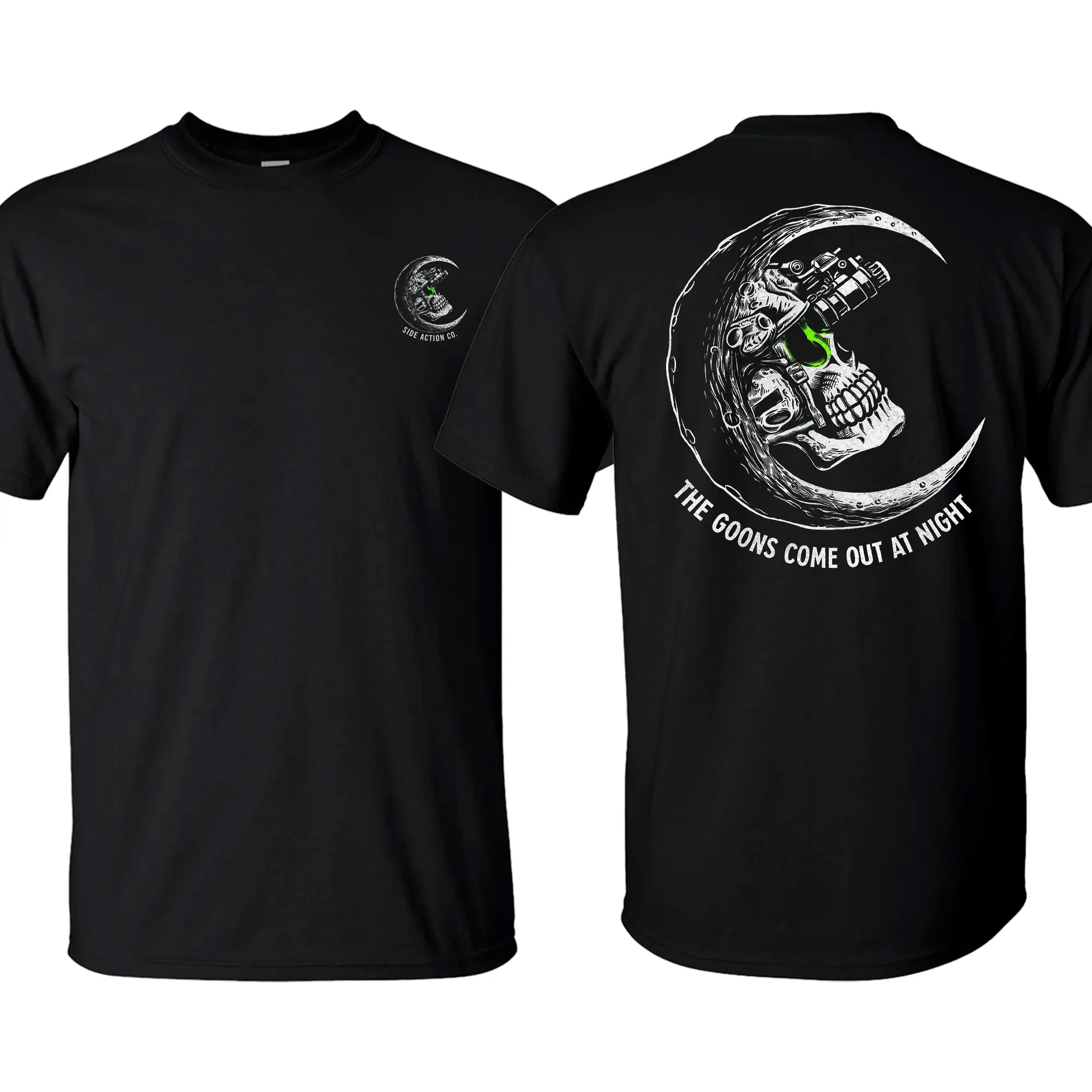 Side Action The Goons Come Out at Night Tactical T-Shirt – Night Vision Skull Military Graphic Tee, Special Operations Streetwear Shirt for Men, Veteran Outdoor Apparel