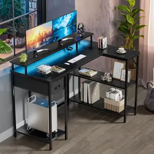 Furmax X L-Shape Office Desk Gaming Table with LED Lights Built-in Socket Computer Stand Cloth Drawer 2 Types of Assembly