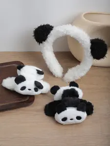 3pcs Autumn Winter Cute Plush Fluffy Panda Hair Claw Bear Soft Headband Set, Simple Adorable Cartoon Animal Decorative Hair Accessories
