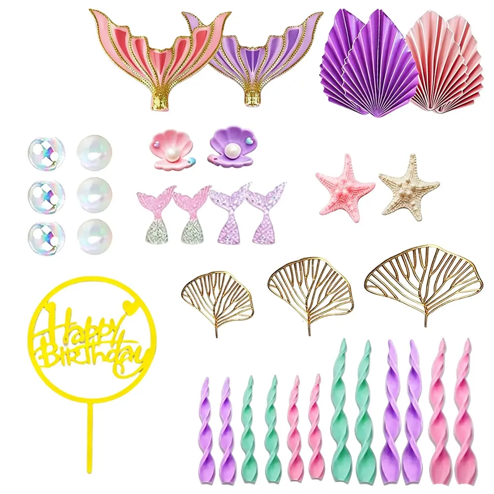 Mermaid Cake Topper- 32 Pieces Mermaid Cake Decorations with Mermaid Tail Seaweed Shells Starfish, Little Mermaid Cupcake Toppers for Mermaid Birthday Party, Under The Sea Birthday Party ﻿
