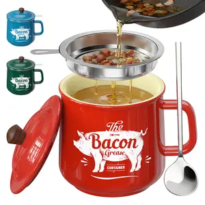 PGYARD Ceramic Bacon Grease Saver With Strainer - 23OZ Bacon Grease Container Farmhouse Keeper For Kitchen Fat Storage