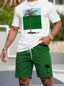 Men's Letter & Tropical Palm Tree Print Round Neck Short Sleeve Casual Classic Fitted T-Shirt Set with Belted Shorts, Perfect for Vacation Wear, Comfortable