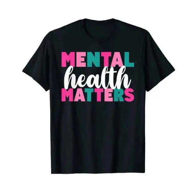 Mental Health Awareness Casual Short-Sleeve T-Shirt, Colorful Typography Black Round Neck Regular Fit Wash-Resistant Sports Top (No Box Included), Shortsleeve