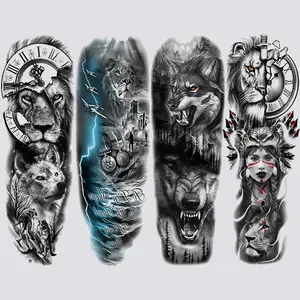 4 Sheets Lion Wolf Temporary Tattoo Stickers, Large Full Arm Animal Tribe Colorful Flash Fake Tattoos, Realistic Body Art Makeup