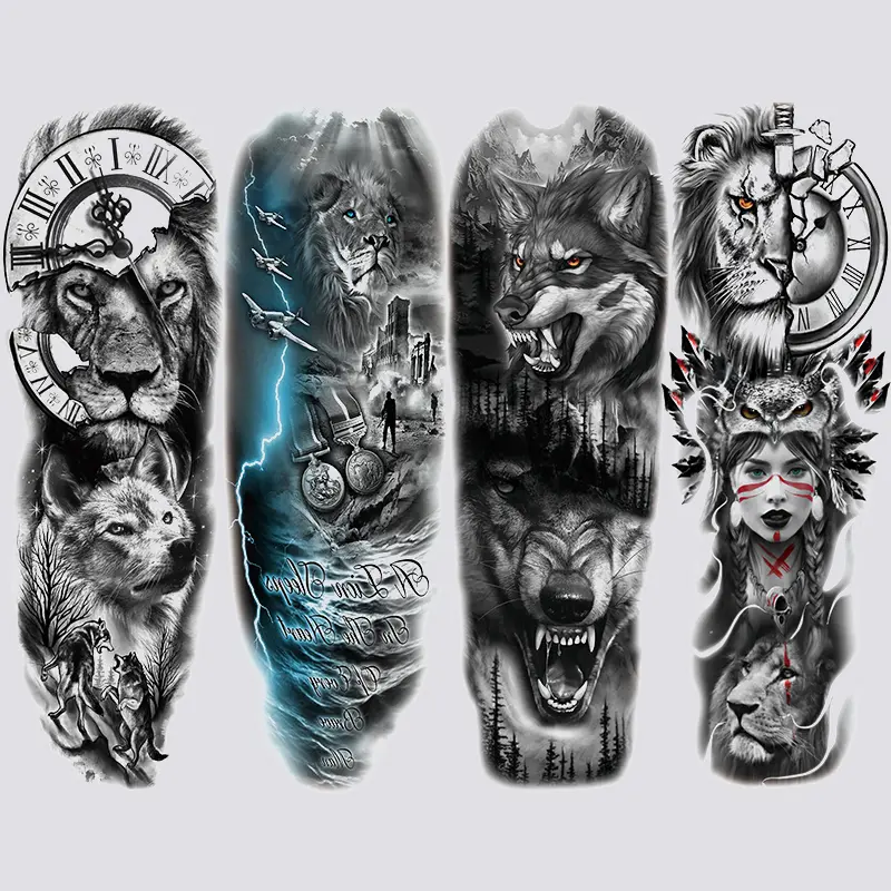 4 Sheets Lion Wolf Temporary Tattoo Stickers, Large Full Arm Tribal Animal Tribe Colorful Flash Fake Tattoos, Realistic Body Art Makeup, Tattoo For Beginners
