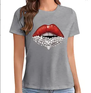 Women's Plus Size Cotton Lip Print Streetwear T-Shirt - Casual Short Sleeve Round Neck Lady Clothes, Spring Summer Essential Sports Top for Comfortable Everyday Wear