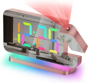 Poeroa 7.4 in Digital Alarm Clock with Ceiling Wall Projection RGB Night Light USB C Charging Auto Dimming LED Mirror Design for Teen Girl Adult Bedroom Decor Rose Gold