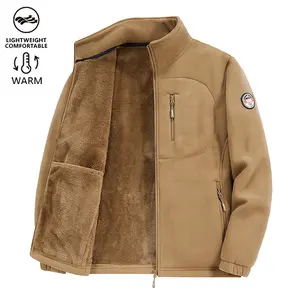 Men's Khaki Fleece Jacket - Full Zip Closure, Soft Sherpa Lining, Zipper Pockets, Badge Details, Warm Casual Coat, Perfect for Everyday Wear & Cold Weather