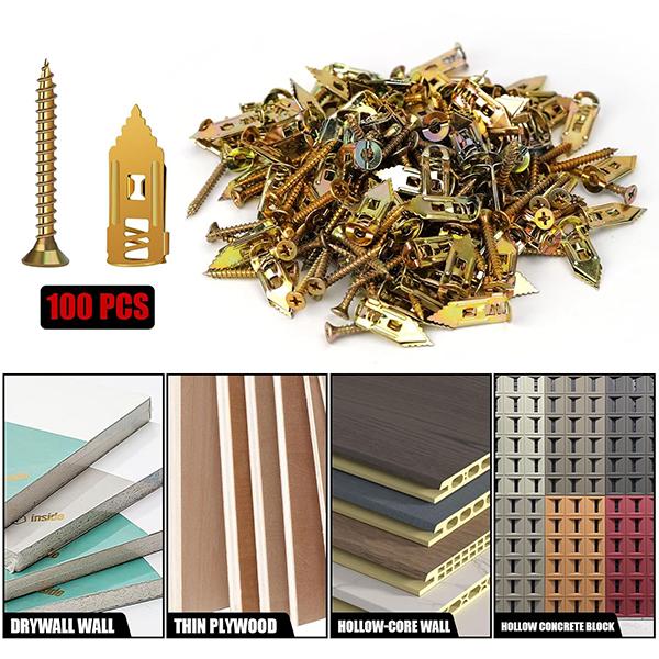 100 PCS Drywall Self Drilling Anchors with Screws Kit,50 PCS Sheetrock Anchors and 50 PCS Screws, for Picture Frames, Shelves, TV, Zinc Plated Steel, No Drill Needed