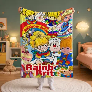 Rainbow Brite Flannel Blanket – Colorful Retro Cartoon Fleece Throw Blanket for Girls, Soft Cozy AC Blanket for Couch & Bed, Cute Vintage Rainbow Fantasy Blanket Gift for Kids Fans