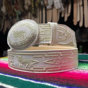 All White Embroidered Western Belt. Bull Mexican Embroidery Belt. Men’s Cowboy Leather Belt. Cinto Vaquero De Hombre. Cinto Piteado De Piel.