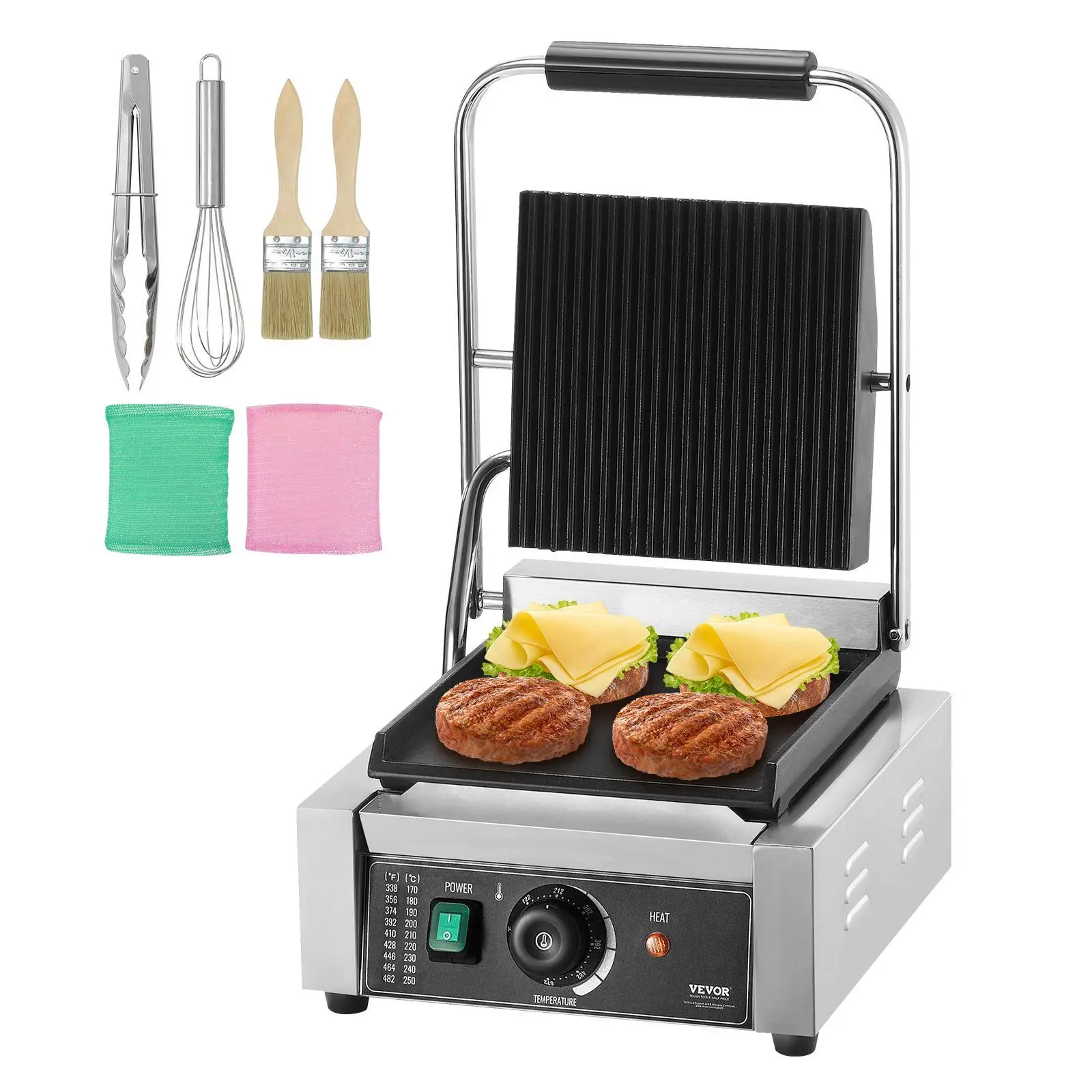 【summerfinds】VEVOR Commercial Panini Grill, 1800W Electric Sandwich Panini Maker, Stainless Steel Sandwich Press Grill, Panini Grill with Temp Control & 9"x9" Flat Enamel Plate, for Hamburger Steak Bacon